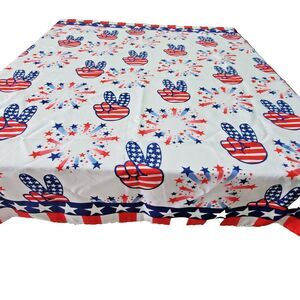 Vintage Tablecloth Red White Blue Peace Sign Stars Stripes July 4th Picnic 54x53